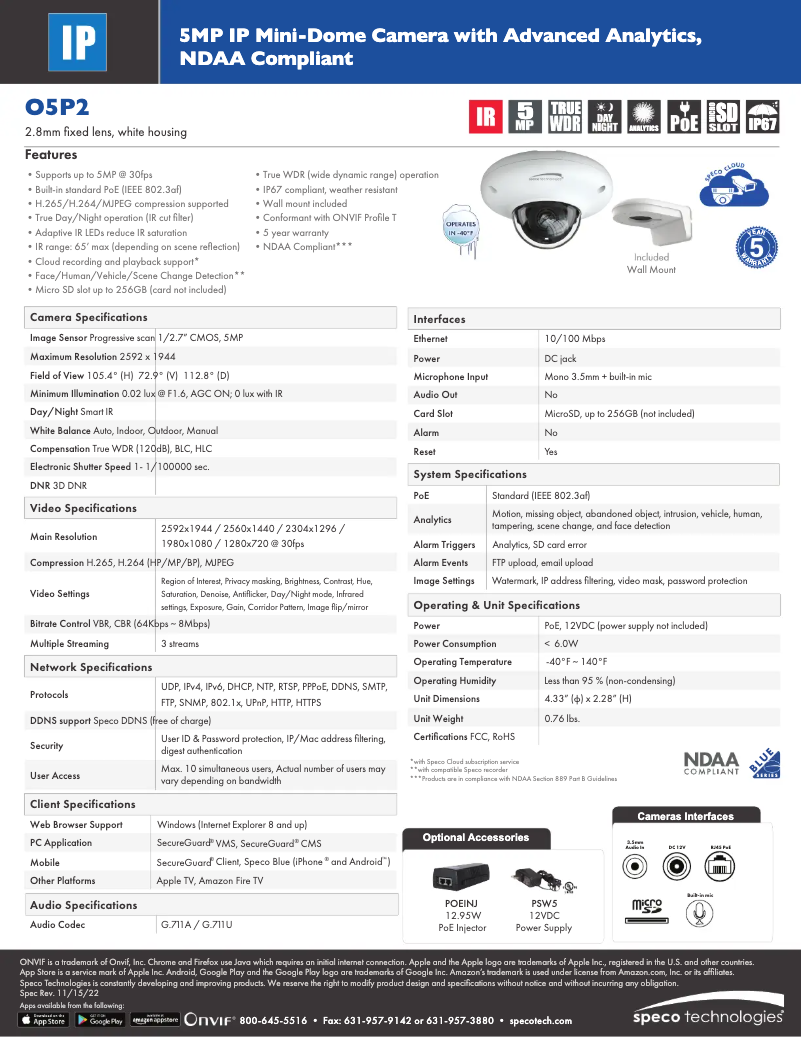 Page n°1 - Fiche technique Speco Technologies O5P2