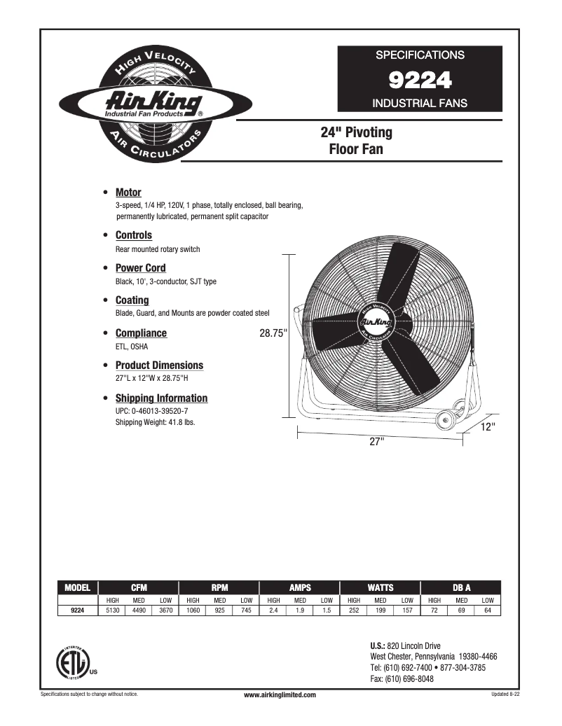 Page n°1 - Fiche technique Air King 9224