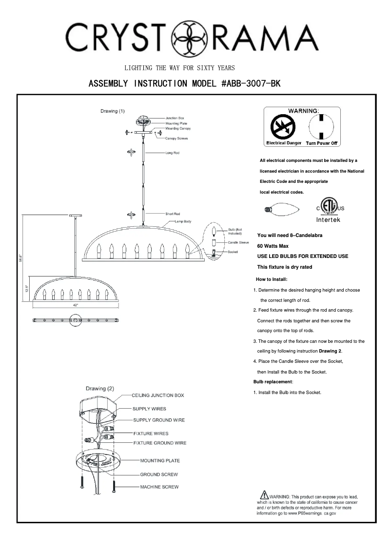 Page 1 de la notice Manuel utilisateur Crystorama Abbott ABB-3007-BK