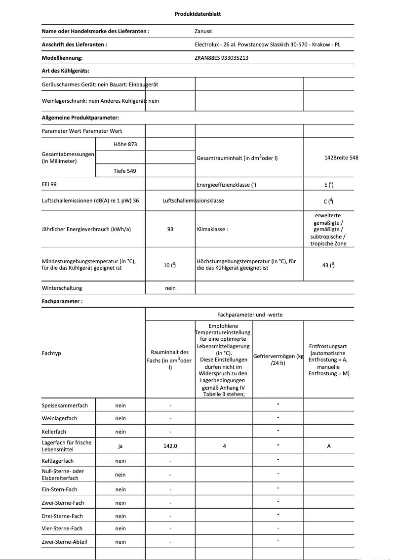 Page 1 de la notice Fiche technique Zanussi ZRAN88ES