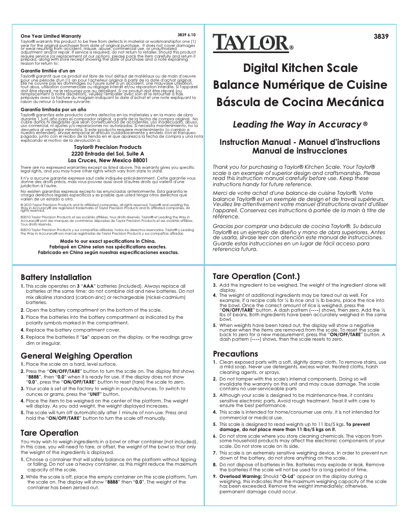 Página 1 del manual Manual de usuario Taylor 3839