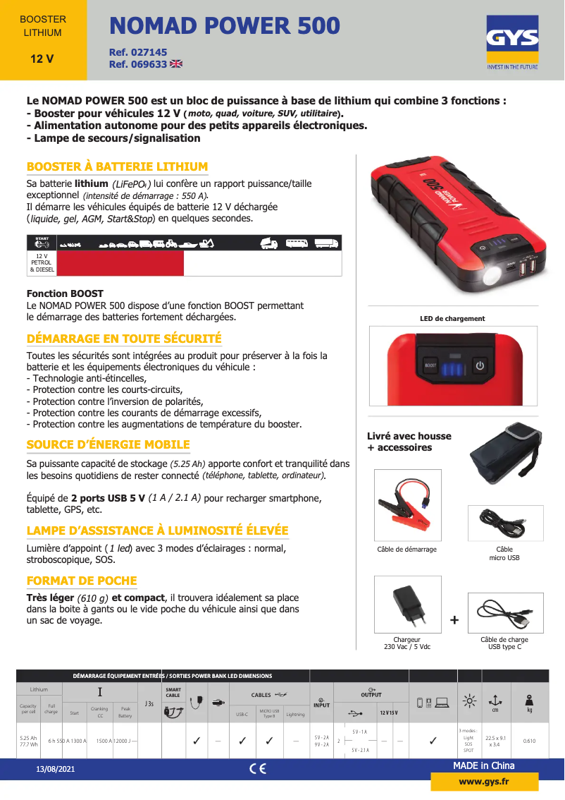 Page 1 de la notice Fiche technique GYS Nomad Power 500 - UK