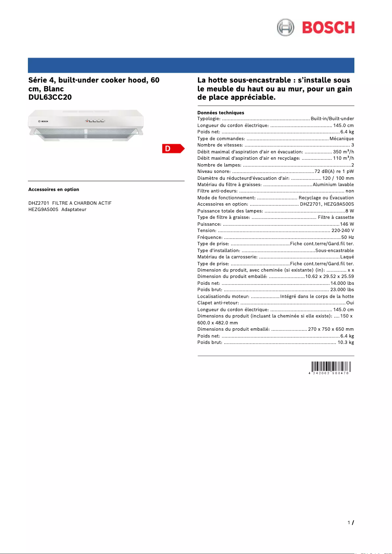 Page 1 de la notice Fiche technique Bosch DUL63CC20
