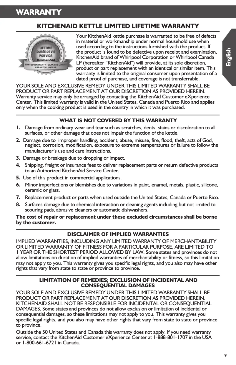 Page 1 de la notice Informations de garantie KitchenAid KTST20CB