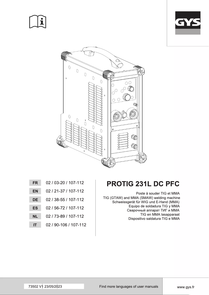 Page 1 de la notice Manuel utilisateur GYS Protig 231L DC PFC