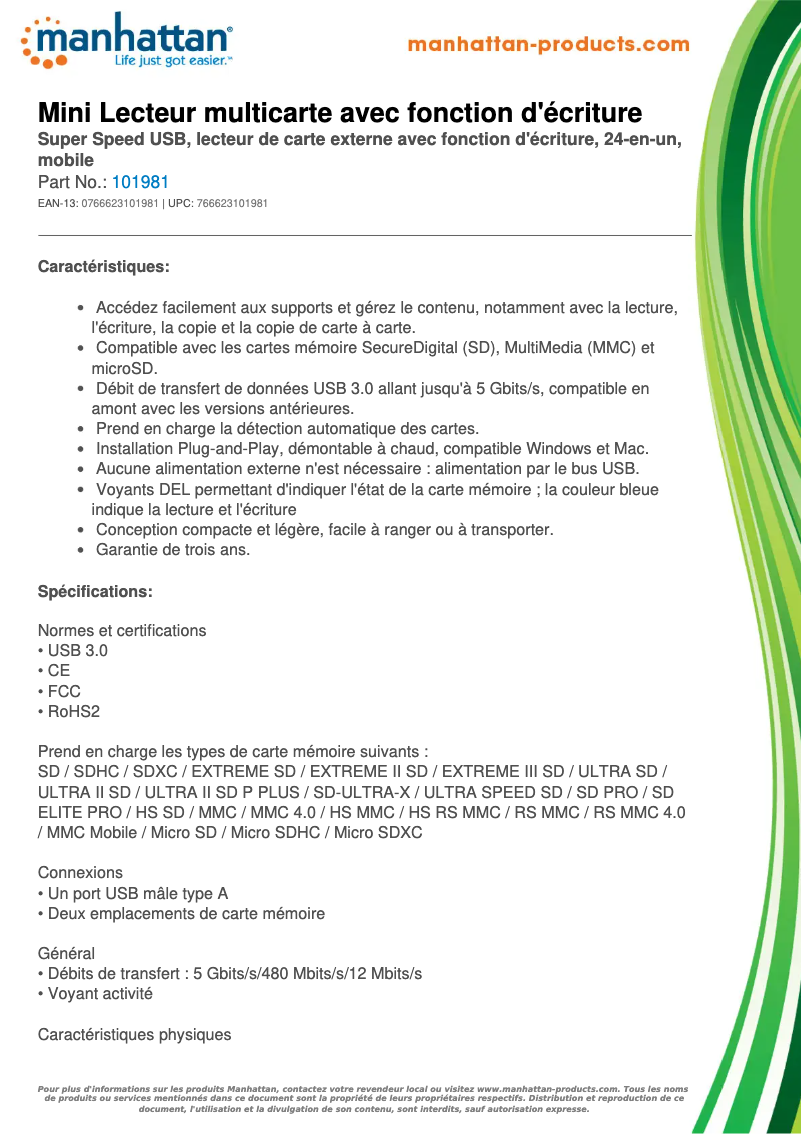 Page 1 de la notice Fiche technique Manhattan 101981