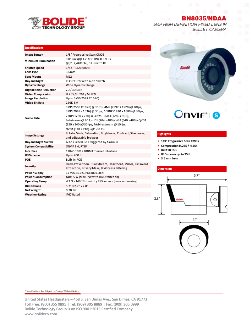 Page 1 de la notice Manuel utilisateur Bolide BN8035/NDAA