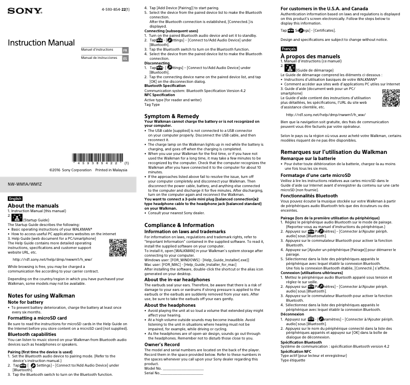 Page n°1 - Manuel utilisateur Sony Walkman NW-WM1A