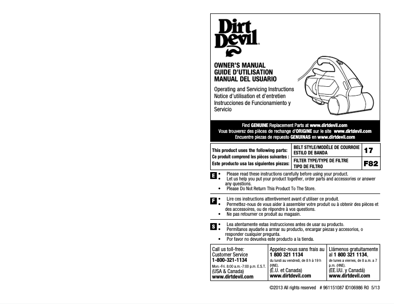 Page 1 de la notice Manuel utilisateur Dirt Devil Whole Home 12V
