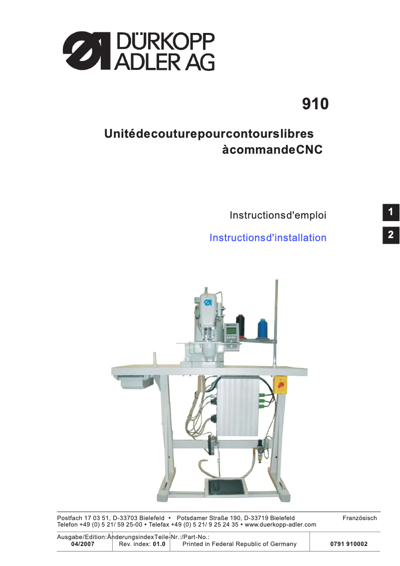 Page 1 de la notice Guide d'installation Dürkopp Adler 910