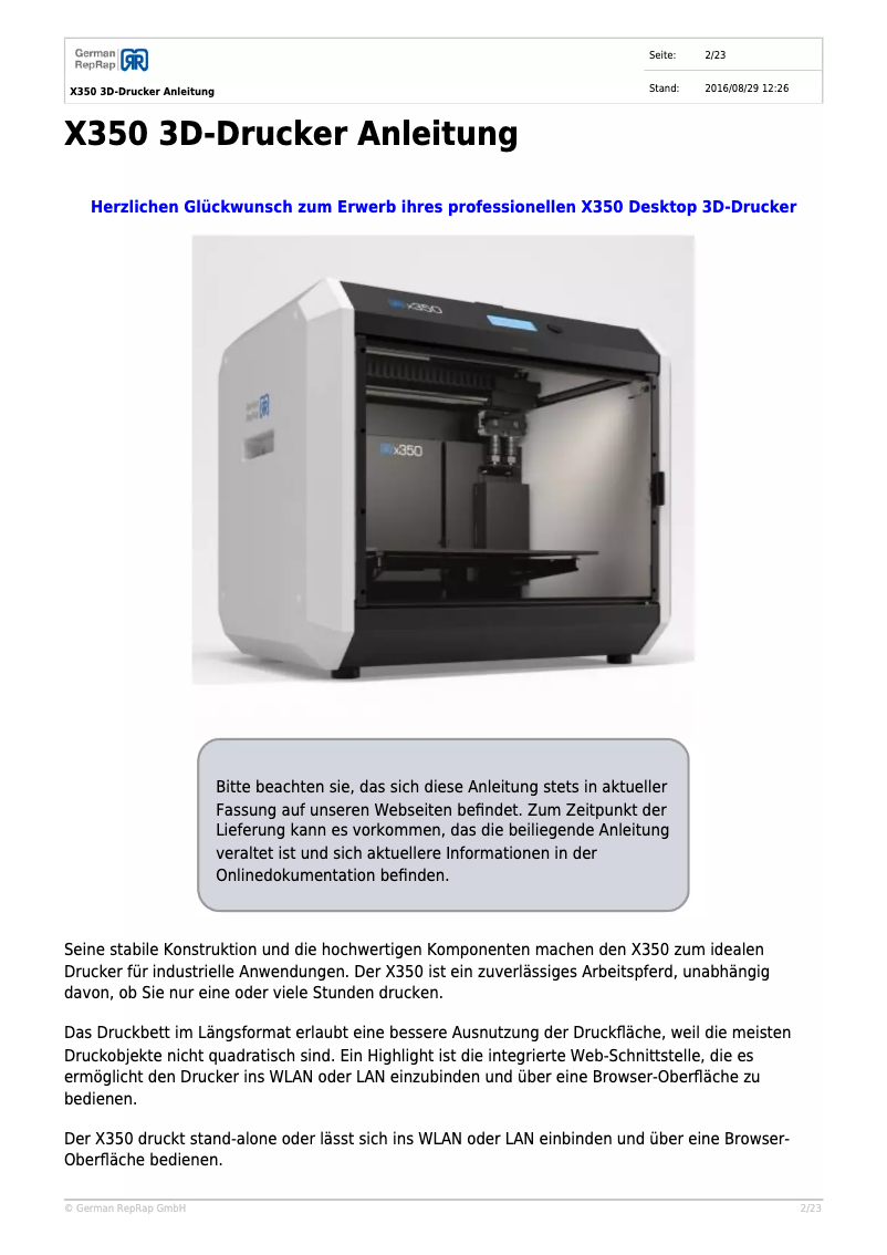 Page 1 de la notice Manuel utilisateur German RepRap X350