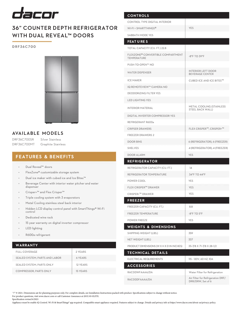 Page n°1 - Fiche technique Dacor DRF36C700MT