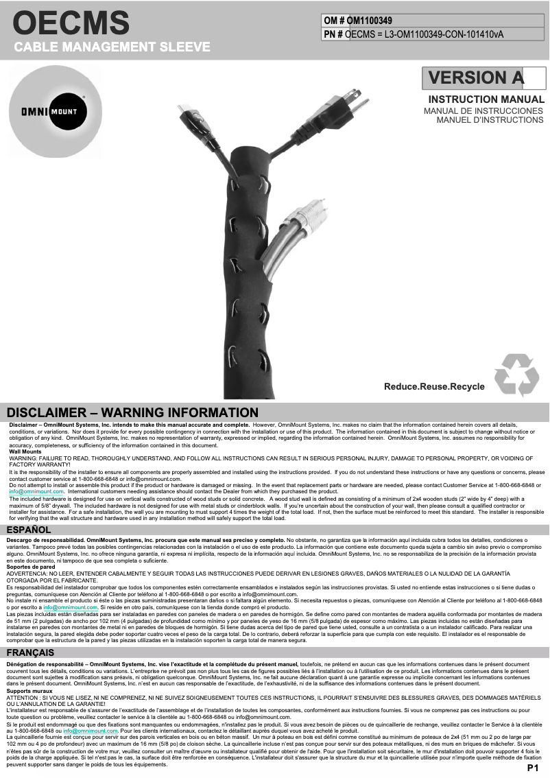 Page n°1 - Manuel utilisateur OmniMount OECMS