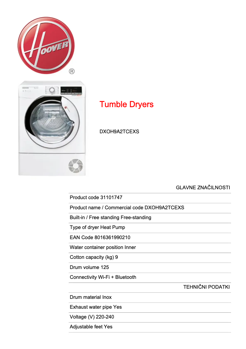 Page n°1 - Fiche technique Hoover DXOH9A2TCEXS