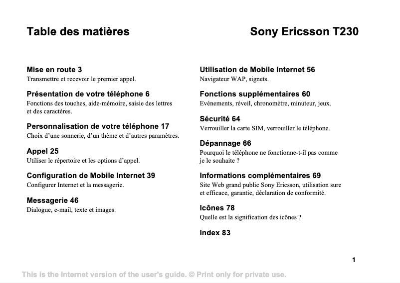Page 1 de la notice Manuel utilisateur Sony Ericsson T230