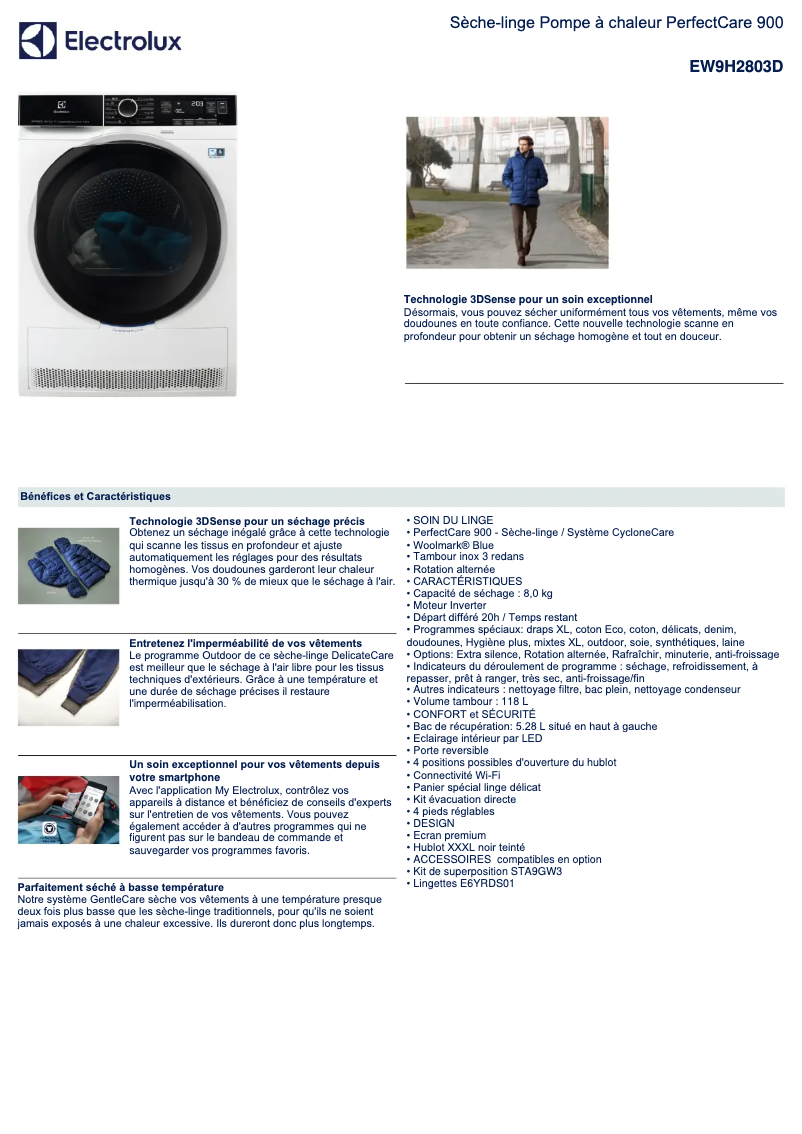 Page 1 de la notice Fiche technique Electrolux EW9H2803D