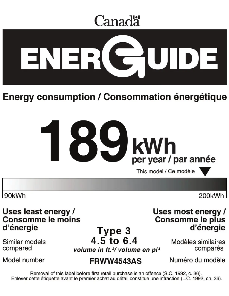 Page n°1 - Label énergétique Frigidaire FRWW4543AS