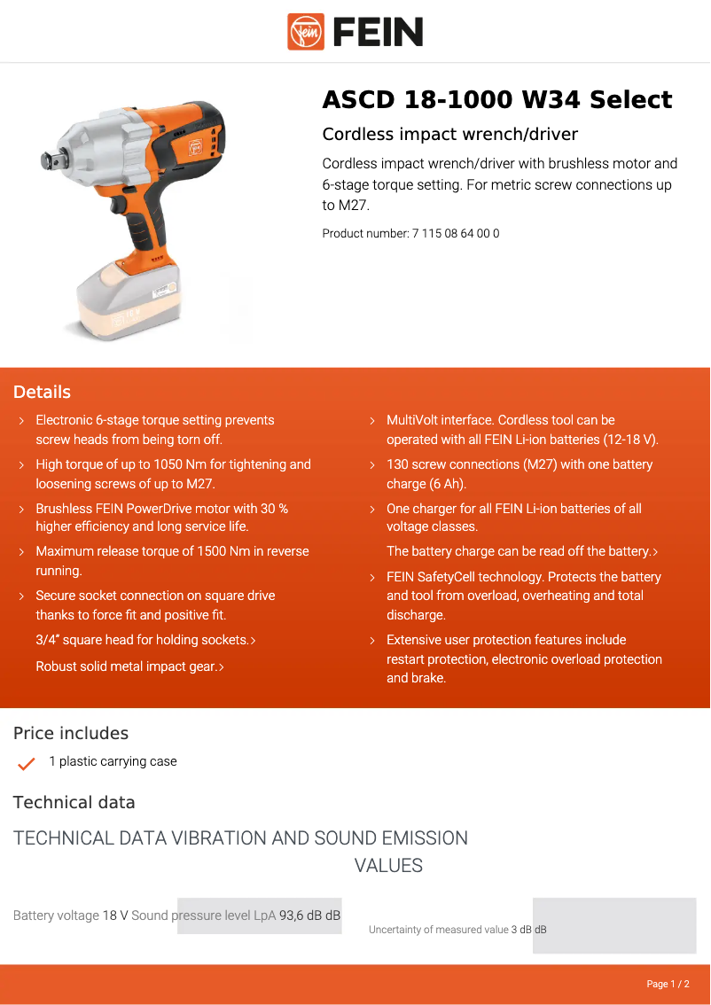 Page n°1 - Fiche technique Fein ASCD 18-1000 W34 Select