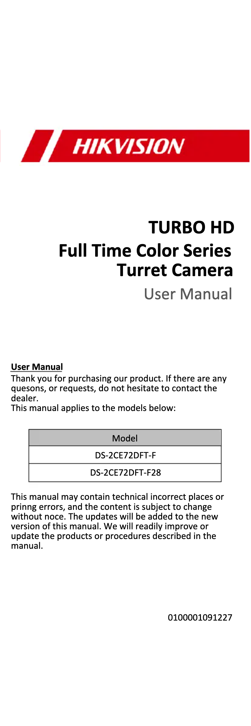 Image de la première page du manuel de l'appareil DS-2CE72DFT-F