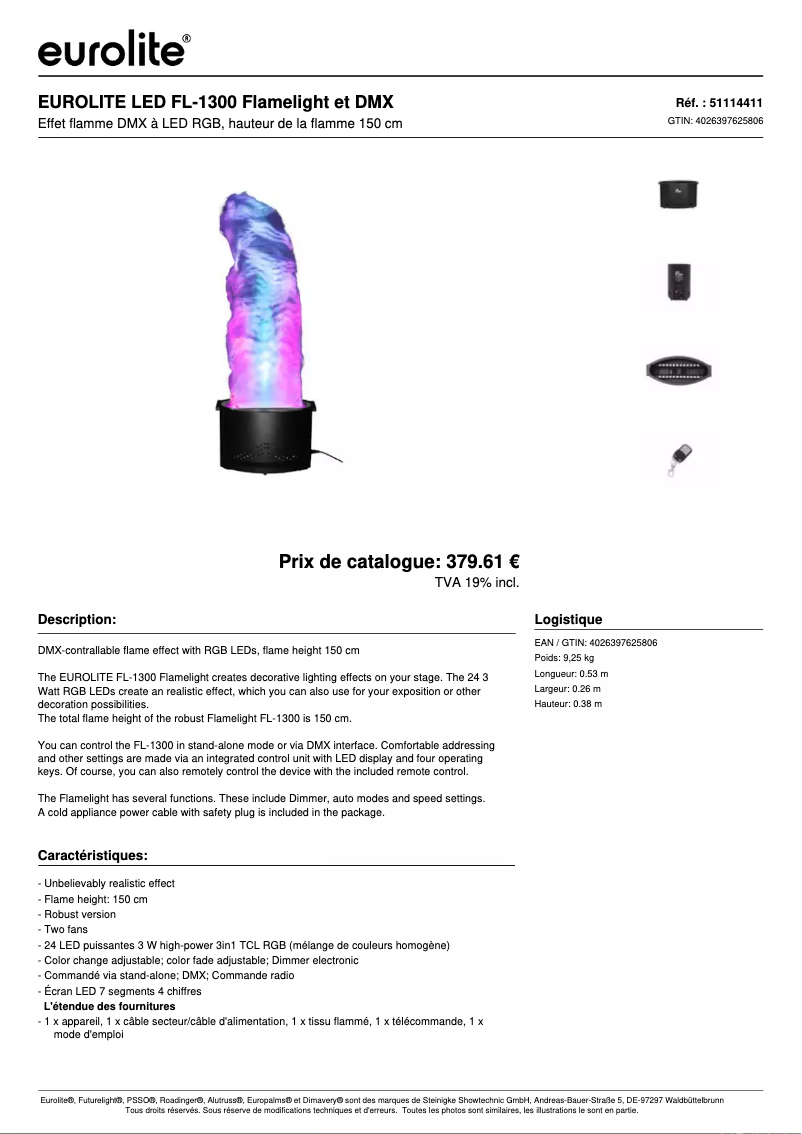 Page 1 de la notice Fiche technique Eurolite FL-1300