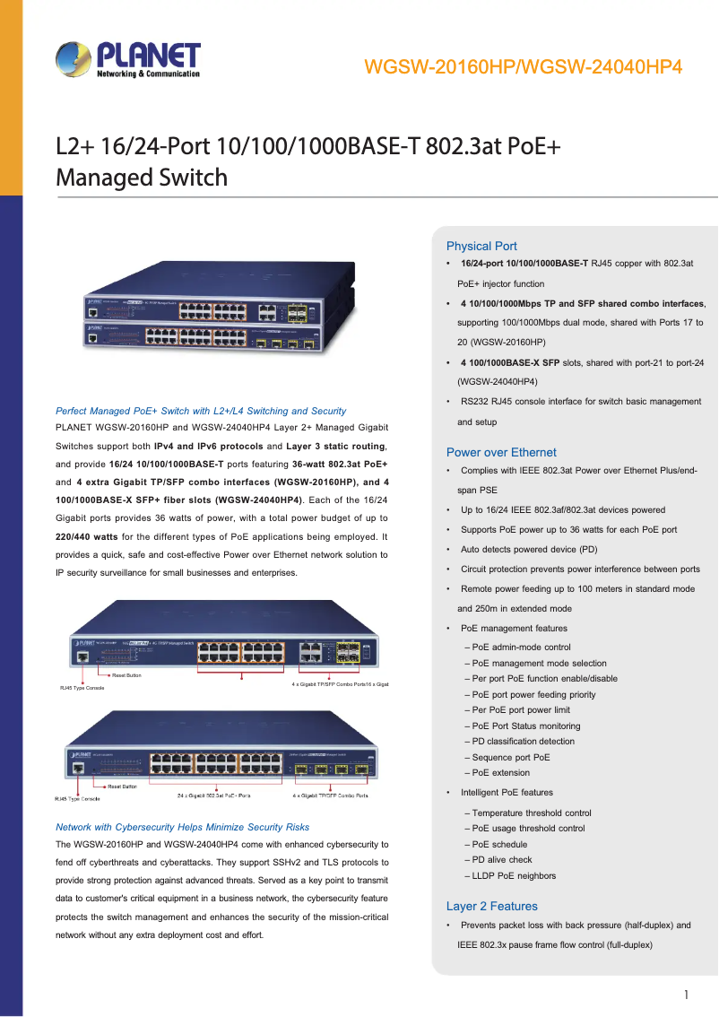 Page n°1 - Fiche technique Planet WGSW-24040HP4