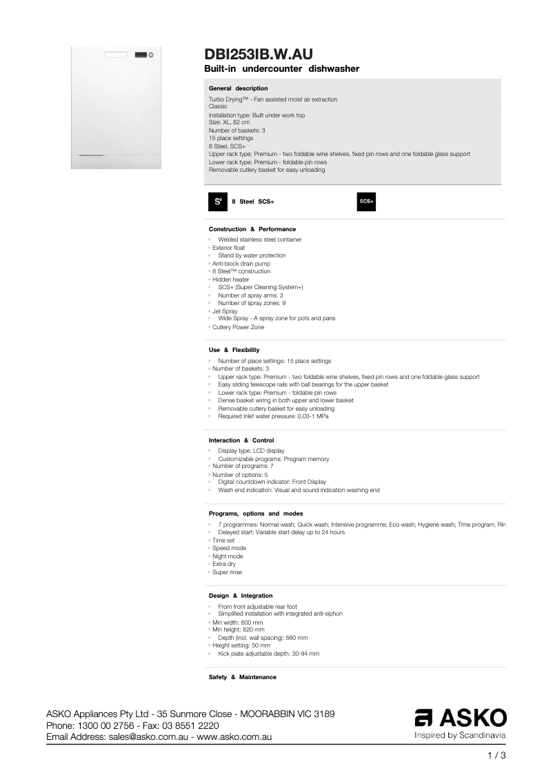 Page n°1 - Fiche technique Asko DBI253IB.W.AU