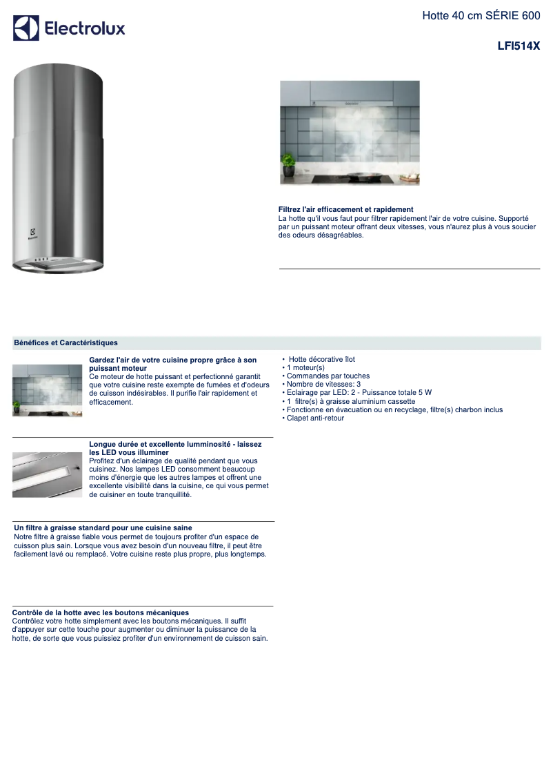 Page 1 de la notice Fiche technique Electrolux LFI514X