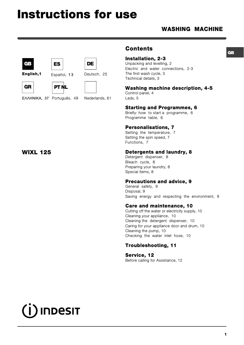 Page n°1 - Manuel utilisateur Indesit WIXL125