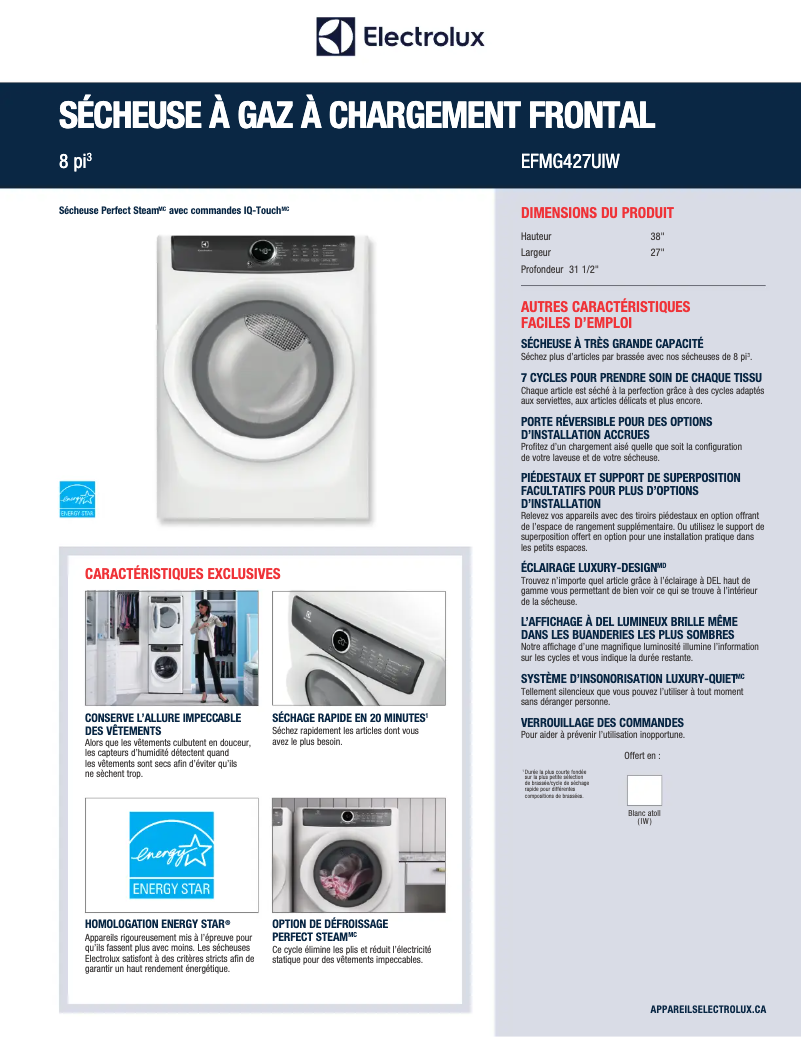 Page 1 de la notice Fiche technique Electrolux EFMG427UIW