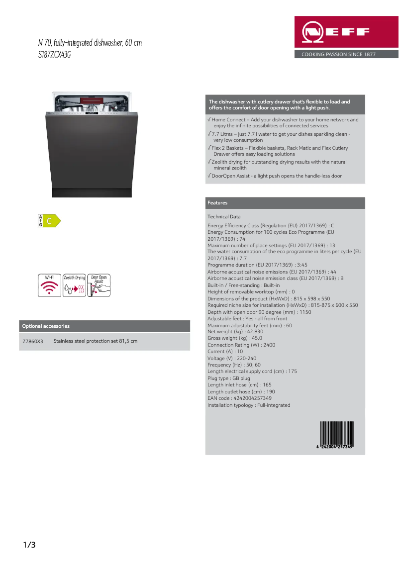 Page n°1 - Fiche technique Neff S187ZCX43G