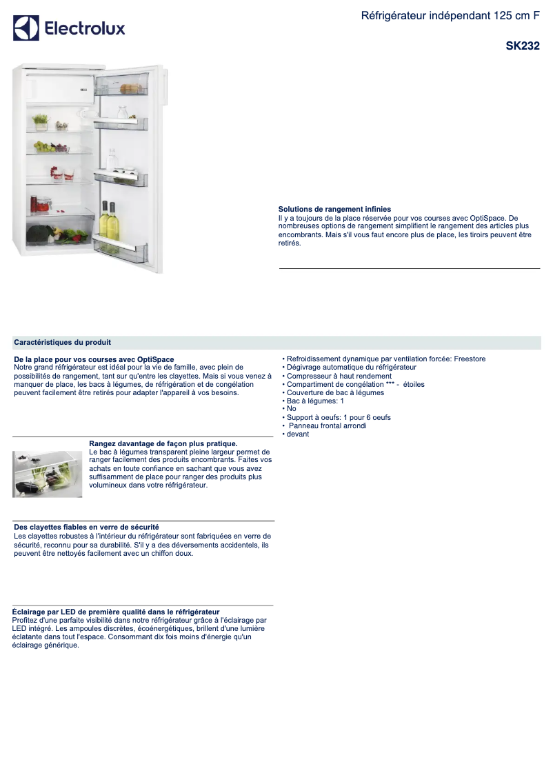 Page 1 de la notice Fiche technique Electrolux SK232