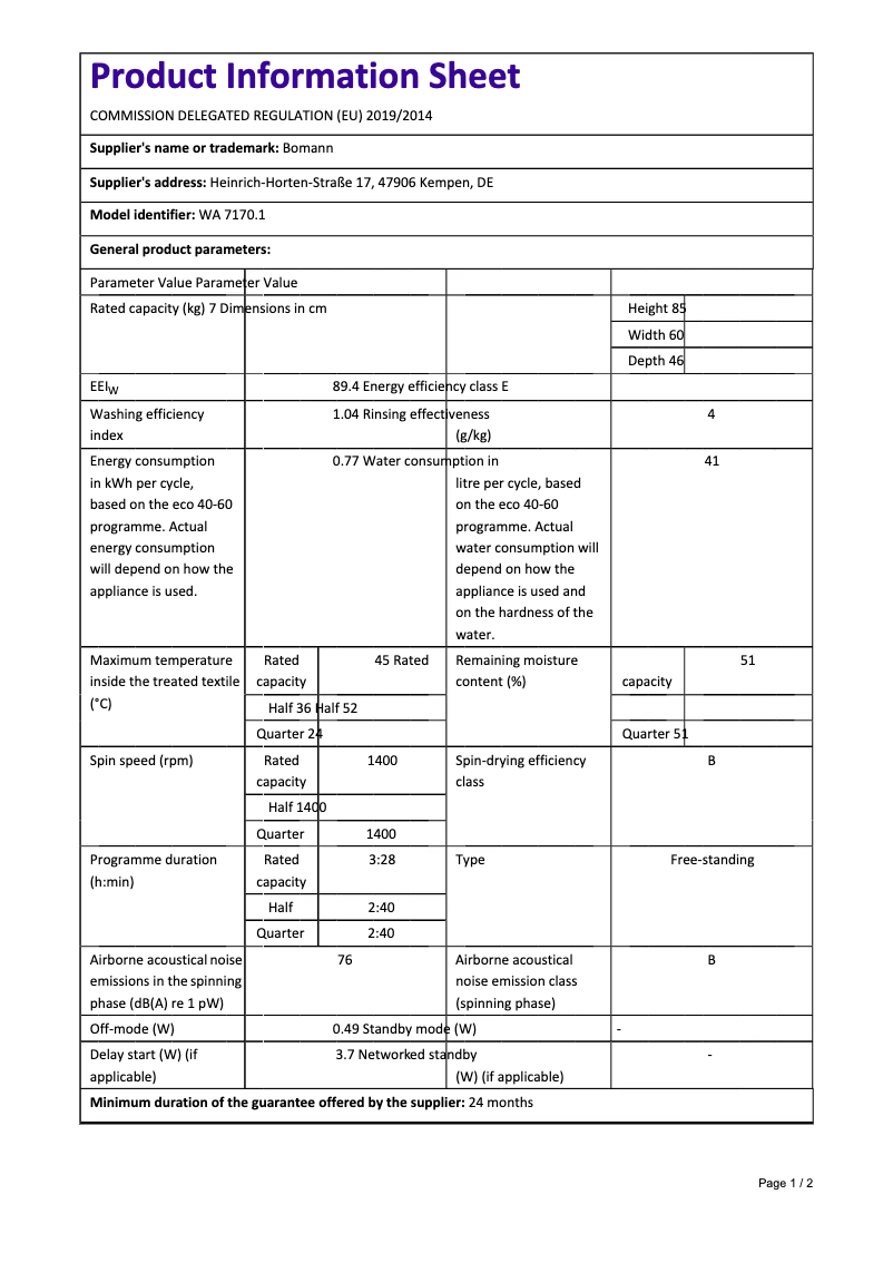 Page 1 de la notice Fiche technique Bomann WA 7170.1