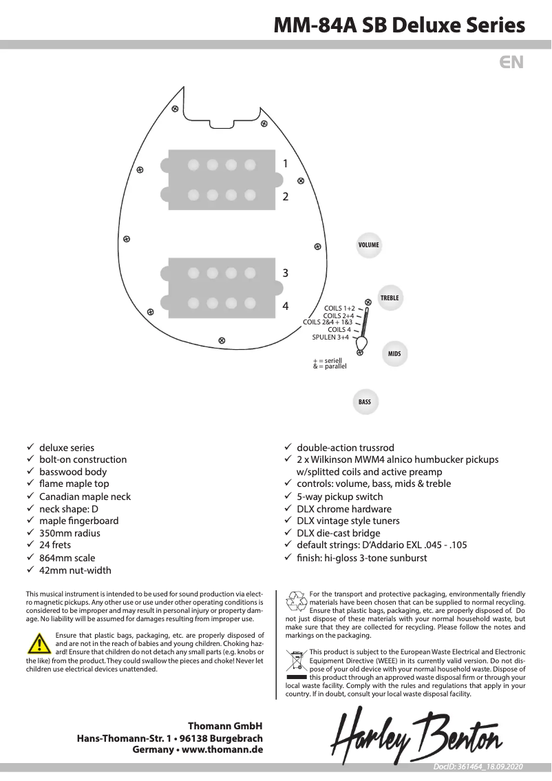 Page 1 de la notice Manuel utilisateur Harley Benton Deluxe MM-84A SB