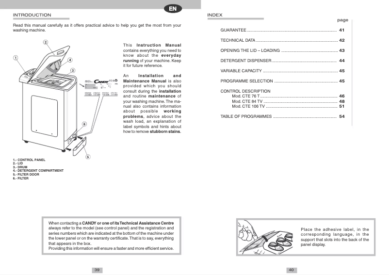 Page n°1 - Manuel utilisateur Candy CTE 106TVES