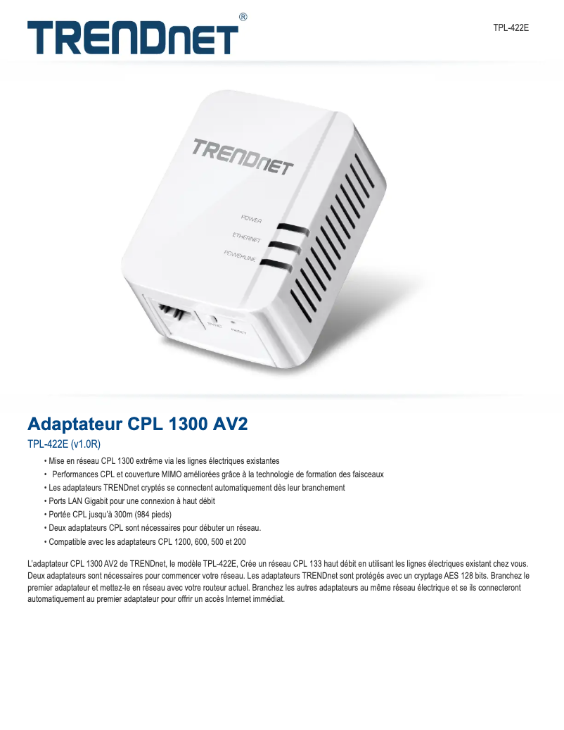 Page 1 de la notice Fiche technique TRENDnet TPL-422E