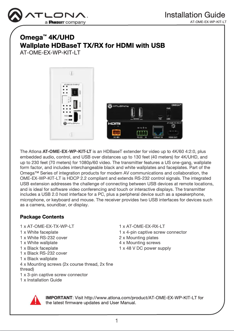 Page 1 de la notice Guide d'installation Atlona AT-OME-EX-WP-KIT-LT