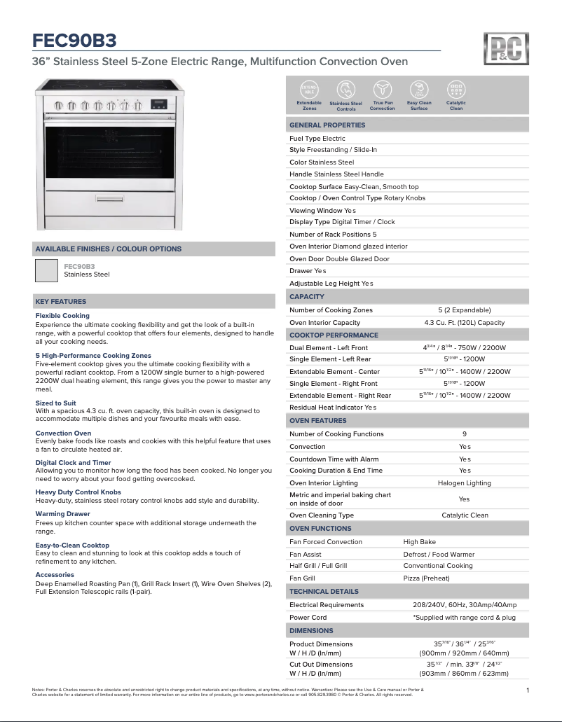 Page 1 de la notice Fiche technique Porter & Charles FEC90B3