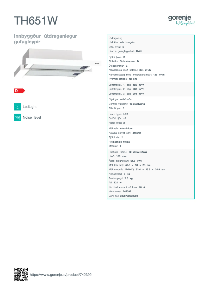 Page n°1 - Fiche technique Gorenje TH651W