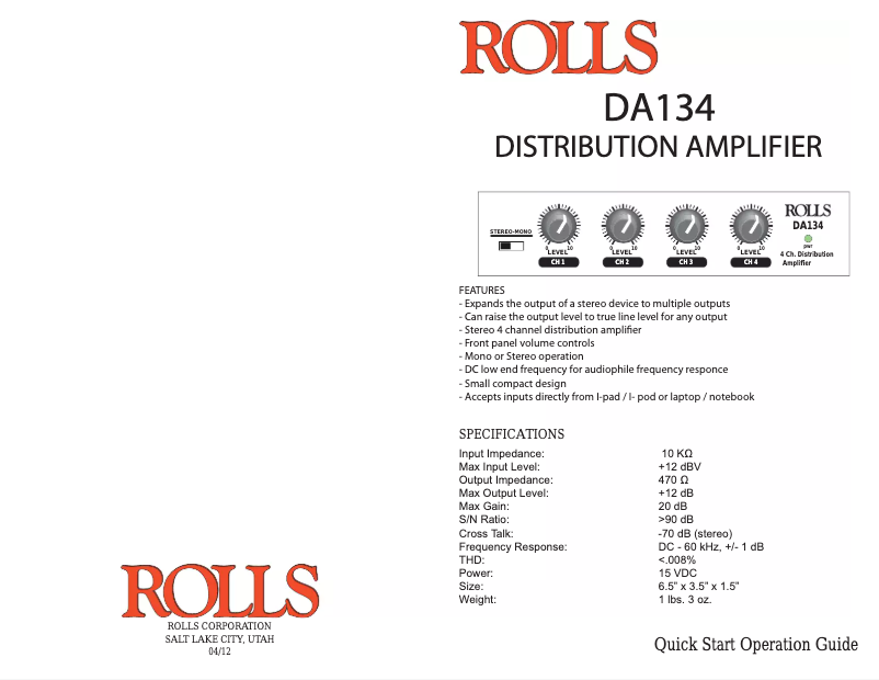 Page 1 de la notice Manuel utilisateur Rolls DA134