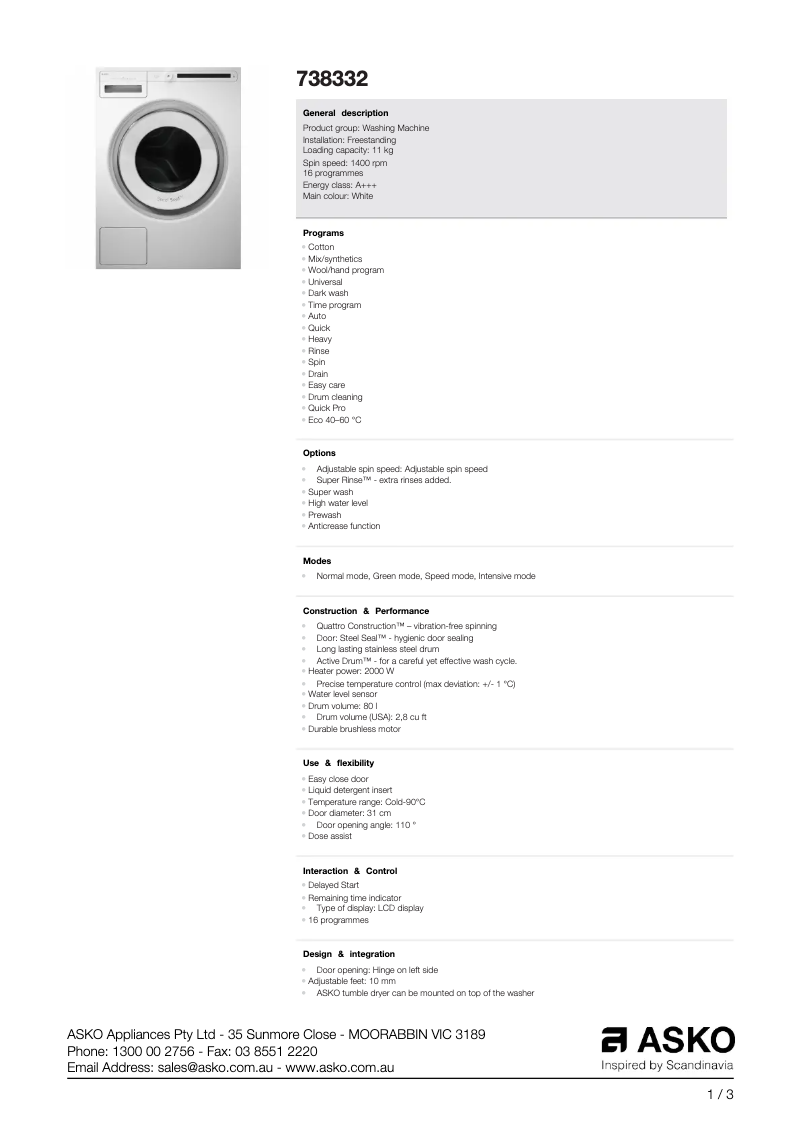 Page 1 de la notice Fiche technique Asko 738332