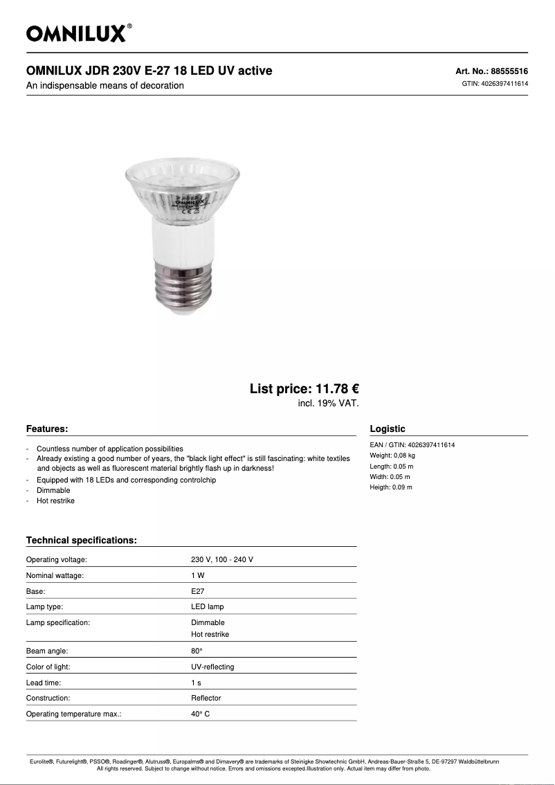 Page 1 de la notice Fiche technique Omnilux JDR 230V