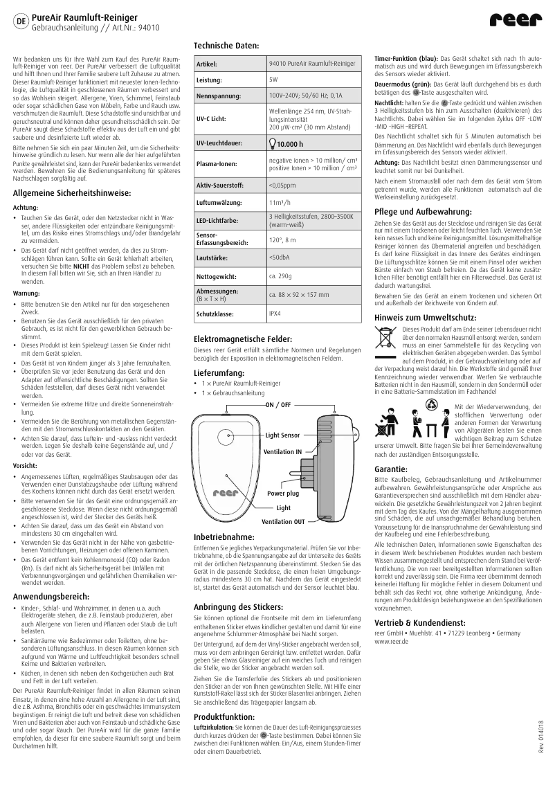 Page 1 de la notice Manuel utilisateur Reer PureAir 94010