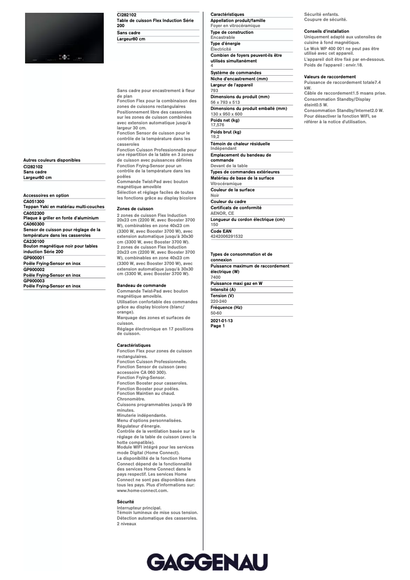 Page 1 of the manual Technical Sheet Gaggenau CI282102