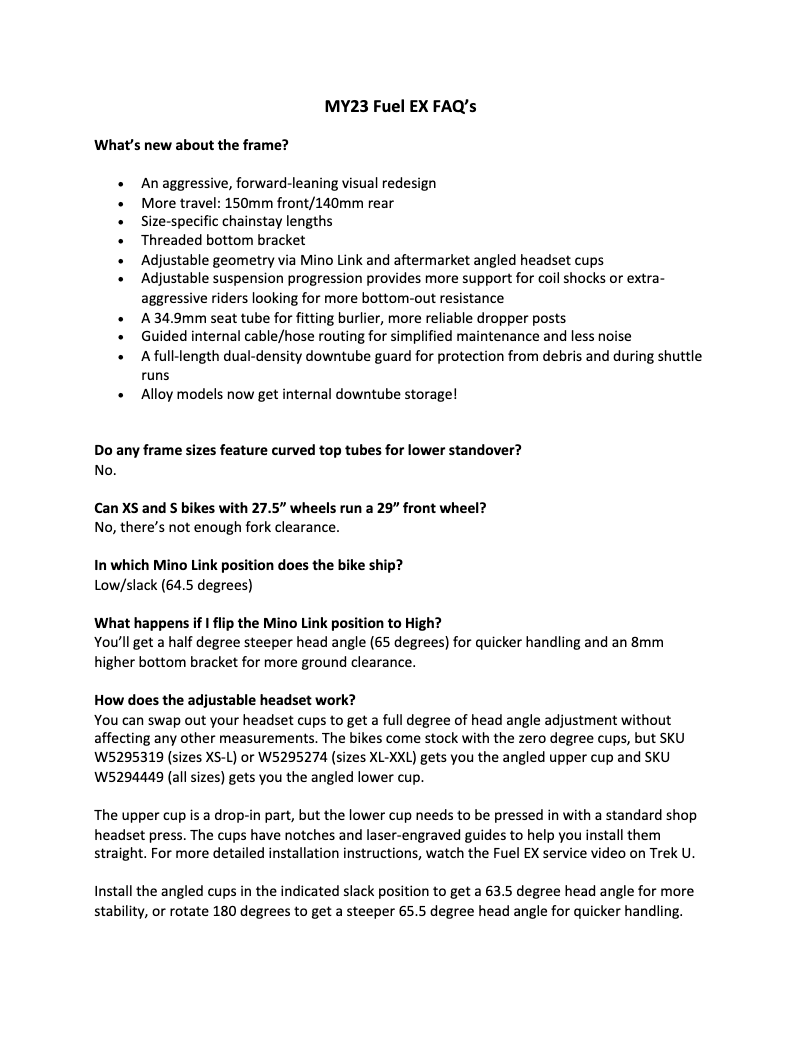 Page 1 de la notice FAQ Trek Fuel EX AL Frame Set Gen 6