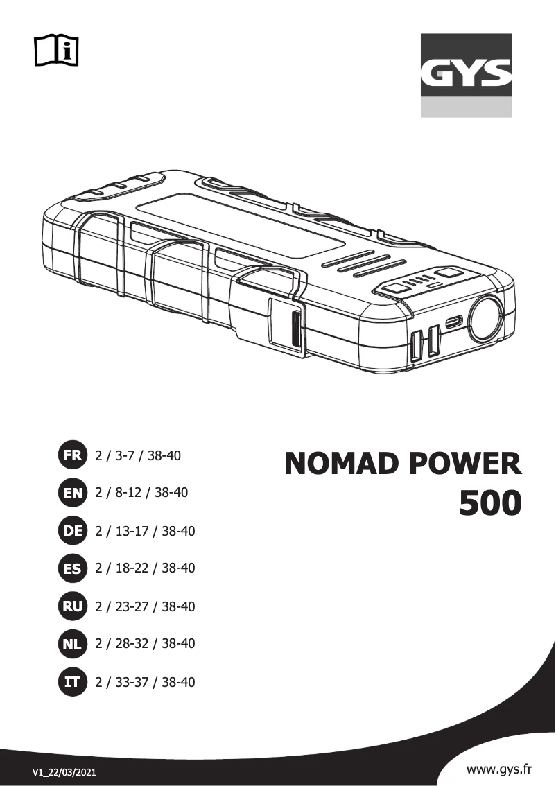 Page 1 de la notice Manuel utilisateur GYS Nomad Power 500 - UK