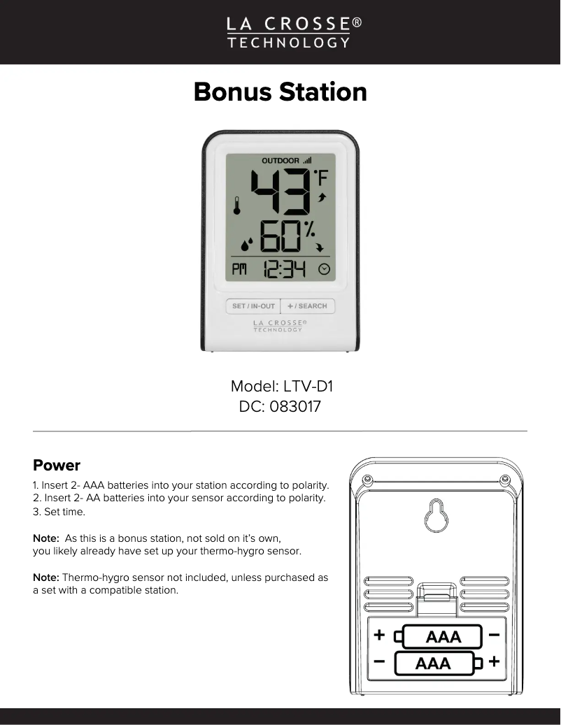 Page 1 de la notice Manuel utilisateur La Crosse Technology LTV-D1