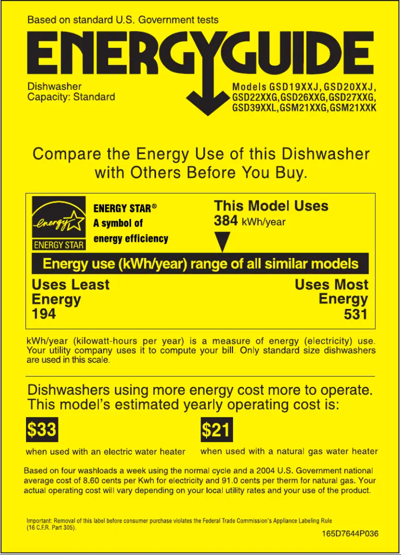 Page 1 de la notice Label énergétique GE GSD2600GWW