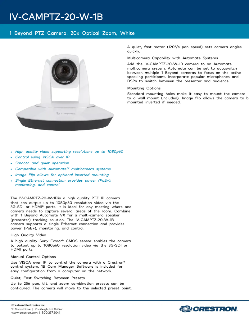 Page 1 de la notice Fiche technique Crestron IV-CAMPTZ-20-W-1B