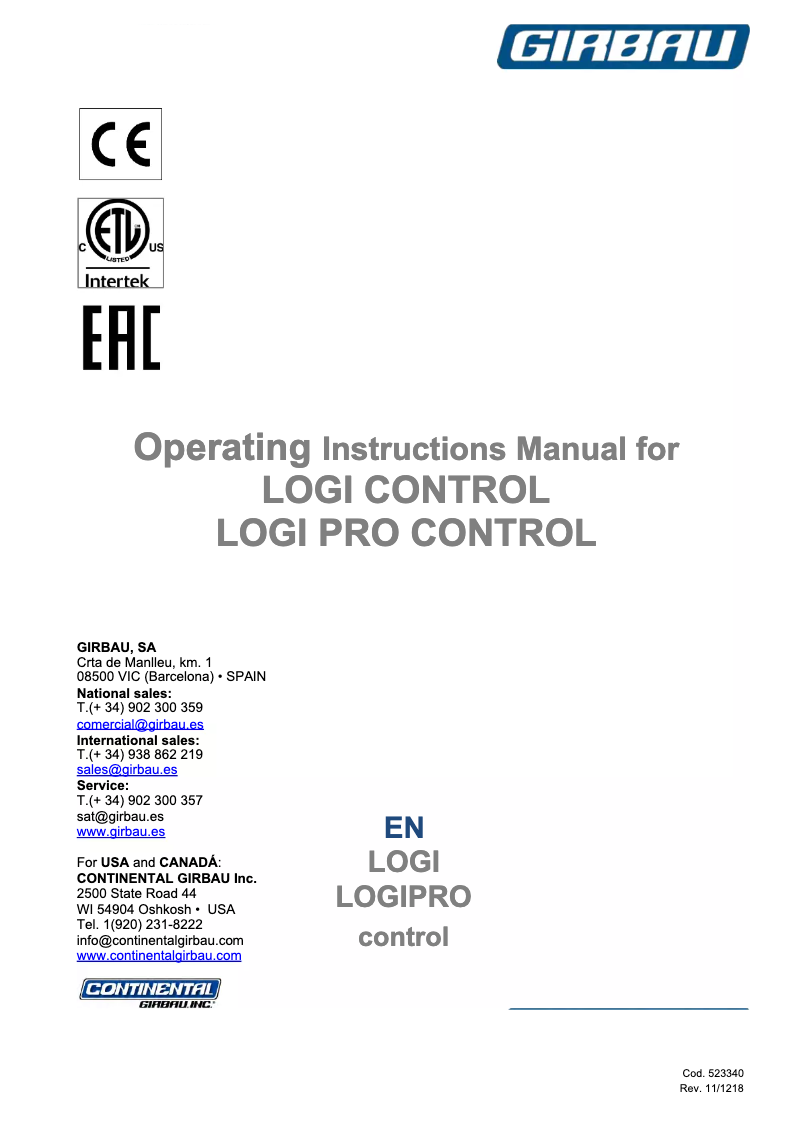 Page n°1 - Manuel utilisateur Girbau RMG033P