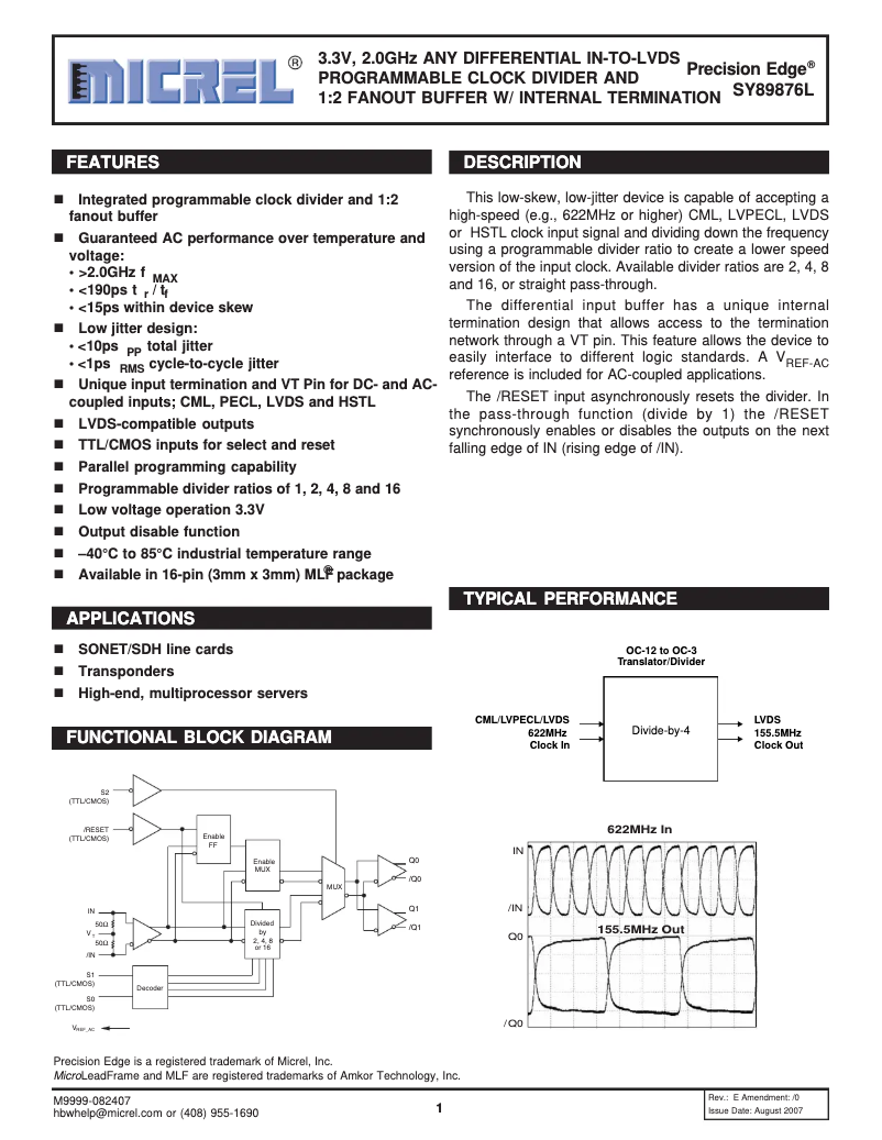 Page 1 de la notice Manuel utilisateur Microchip SY89876L